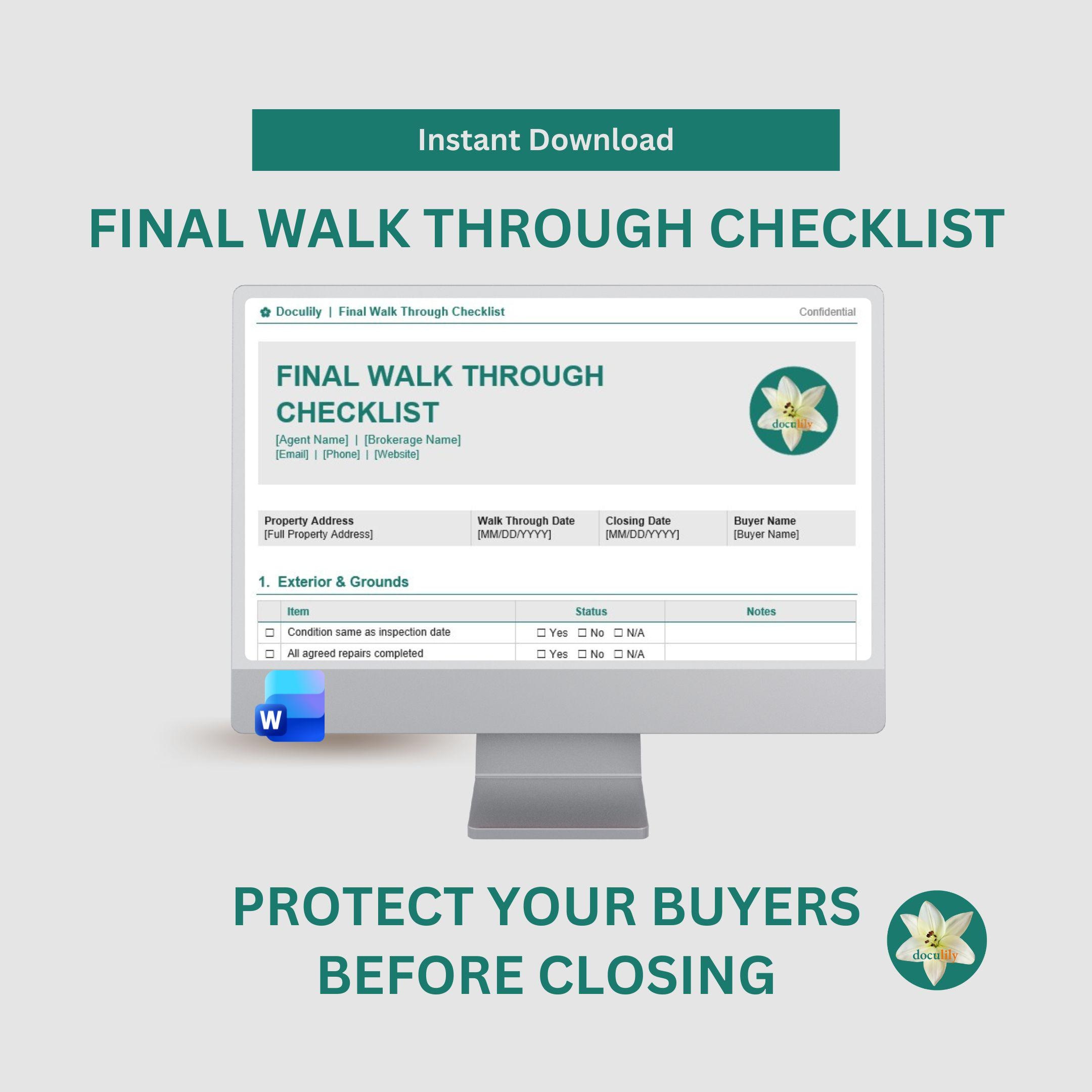 Final Walk Through Checklist Word | Editable Real Estate Agent Template ...