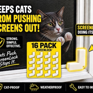 Puede incluir: Un paquete de 16 clips en forma de L blancos Screenlock diseñados para asegurar mosquiteras. El empaque presenta el texto KEEPS CATS FROM PUSHING SCREENS OUT, SCREENLOCK DOING ITS JOB y CAT-PROOF, WEATHERPROOF, EASY TO INSTALL con iconos.