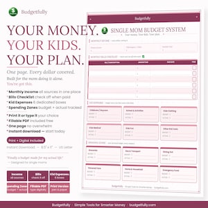 May include: A digital budget planner for single moms, featuring a structured layout with sections for income, bills, kid expenses, and spending zones. The planner is designed to be fillable and printable, with a focus on simplicity and organization.