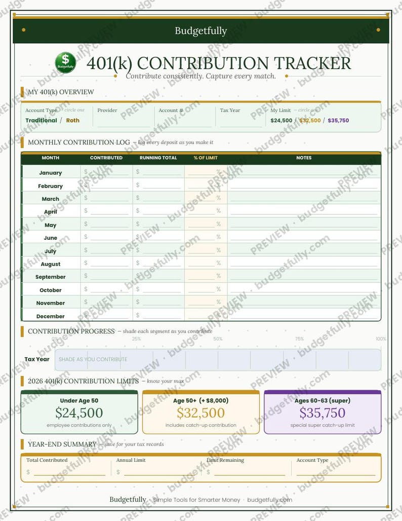 Printable 401k Form.pdf 401(k) Contribution Tracker 2026 | Printable 401k Savings Tracker ...