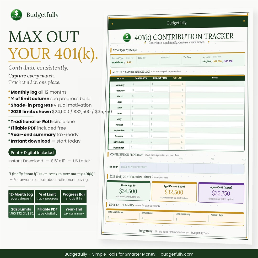 Contribution Log Example 401(k) Contribution Tracker 2026 | Printable 401k Savings Tracker ...