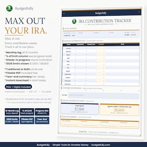 Può includere: Un tracker digitale dei contributi IRA con sfondo bianco e accenti blu navy. Il documento include sezioni per registri mensili, avanzamento dei contributi e limiti di contribuzione IRA 2026. Il testo sul documento recita "Max Out Your IRA."