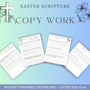 May include: A digital download featuring Easter Scripture Copy Work. The design includes a cross, floral illustrations, and four pages with lined paper and text. The text reads "Easter Scripture Copy Work" and Bible verses. The background is a gradient of blue and green.