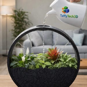 Vaso de flores moderno, impresso em 3D, com sistema de autoirrigação, design minimalista e estético, ideal para plantas de interior. Possui excelente drenagem e reservatório para uso em mesas.