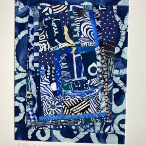 Navy and White Art Quilt Matted for Framing Signed by The Artist//WINTERLAND//FREE SHIPPING image 3