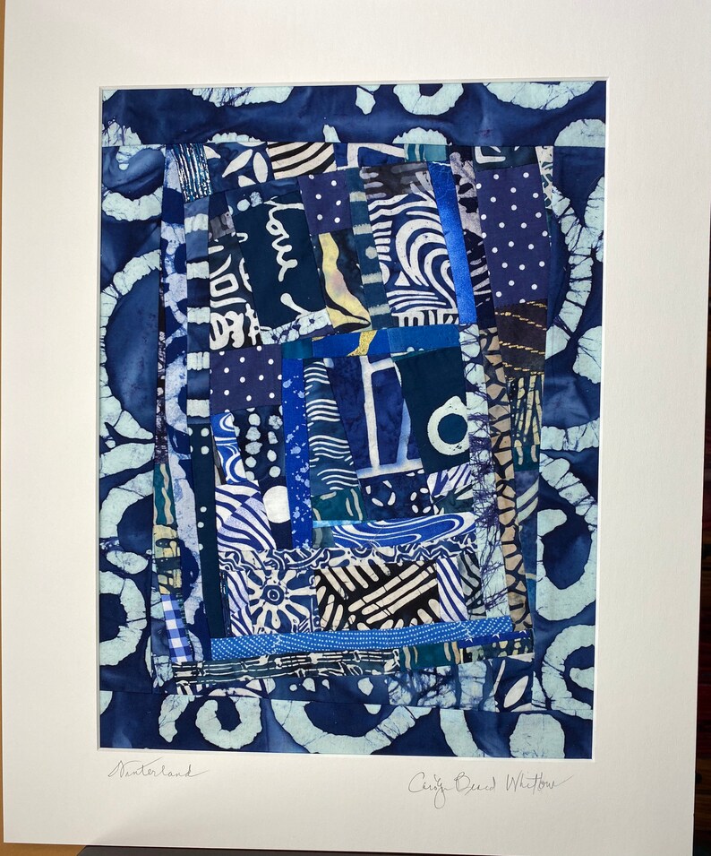 Navy and White Art Quilt Matted for Framing Signed by The Artist//WINTERLAND//FREE SHIPPING image 1