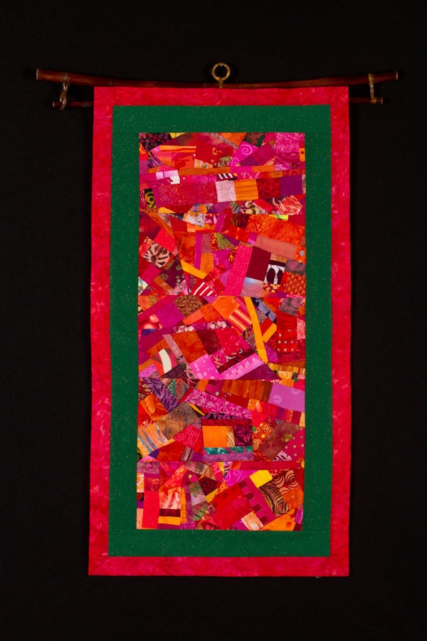 Modern Art Quilt Wall Hanging in Red Orange Fuchsia W/ Green Inlay