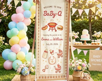 BaBy-Q Baby Shower Banner BBQ Baby Shower Sign Rustic Grill Theme Baby Shower Welcome Sign Custom Name Linen Banner