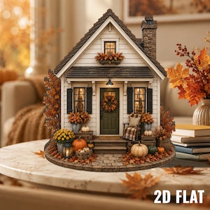 Fall Cottage Wooden Block Decor, Cozy Autumn House Shelf Sitter