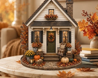Fall Cottage Wooden Block Decor, Cozy Autumn House Shelf Sitter