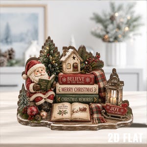 Rustic Christmas Scene, Santa Reading, Stacked Books, Winter Mantel Decor