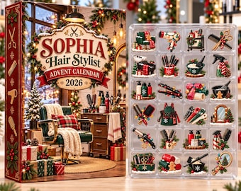Personalized Hair Stylist Advent Calendar 2026, 24 Days of Hairdressing Surprises, Custom Name Gift, Hairstylist Christmas Gift