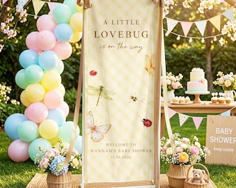 Lovebug Baby Shower Linen Banner, Garden Insect Welcome Sign, Yellow Gingham Party Decor