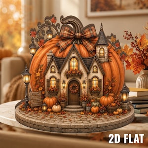 May include: A decorative tabletop display featuring a large orange pumpkin shaped like a house with a plaid bow on top. The house has a stone facade, arched windows, a front door with a wreath, and lanterns. A sign reads Welcome, Cozy Days, Autumn, Blessings.