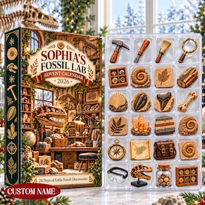 Personalized Fossil Advent Calendar 2026, Fossil Gift, 24 Mini Fossil Charms, Paleontology Gift, Christmas Gift for Science Lovers