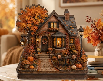 May include: A miniature brick house figurine featuring an autumn theme with orange maple trees, pumpkins, and a cobblestone path. The structure includes a front door with a wreath, a bay window, a chimney, and two black street lamps with warm lighting.