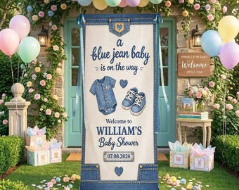 Blue Jean Baby Shower Linen Banner Denim Theme Baby Shower Welcome Sign Boy Baby Shower Custom Name Backdrop Decor