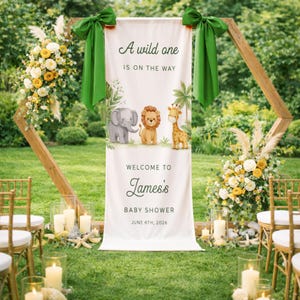 Safari Jungle Animals Baby Shower Linen Banner, Welcome James Backdrop