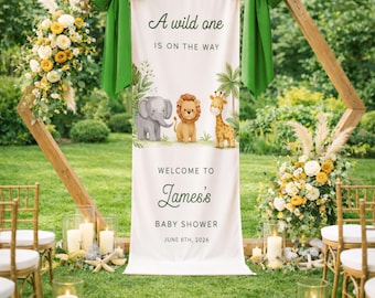 Safari Jungle Animals Baby Shower Linen Banner, Welcome James Backdrop