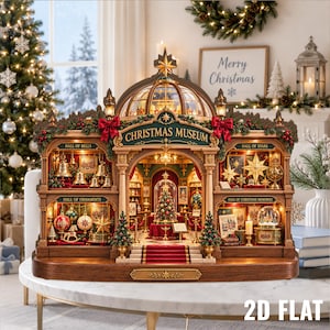 May include: A detailed Christmas Museum miniature display featuring a central dome, illuminated interior rooms, and signs labelled Hall of Bells, Hall of Stars, Hall of Ornaments, and Hall of Christmas Memories. The structure includes red bows, greenery, and a central Christmas tree under a glass cloche.