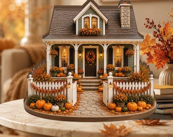May include: A miniature house model featuring green siding, a dark brown roof, and a stone chimney. The front porch is decorated with orange pumpkins, potted flowers, and a wreath on the door. A white picket fence surrounds the front yard.