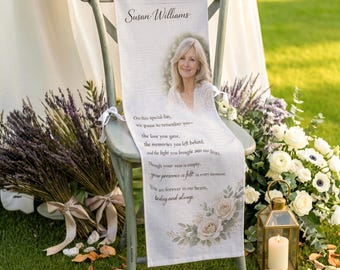 Custom Photo Wedding Memorial Chair Cover, In Loving Memory Seat Sign, Linen Remembrance Banner with Name and Picture