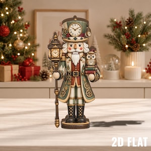 Könnte beinhalten: Eine vom Steampunk inspirierte Nussknacker-Figur mit einem Zylinder, der ein integriertes Zifferblatt aufweist, einem Stab mit einer Laternen-Uhr und einer Eule, die auf Büchern sitzt. Die Figur ist mit Zahnradmotiven, Schlüsseln sowie in gedeckten Grün- und Brauntönen verziert.