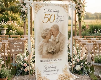 Personalized 50th Wedding Anniversary Banner, Custom Photo Anniversary Sign, Golden Celebration Party Decor, Elegant Welcome Banner