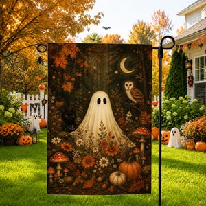 Bandiera da giardino di Halloween, bandiera da giardino vintage con fantasmi, bandiera spettrale in stile cottagecore, bandiera da giardino autunnale, decorazione per portico con fantasmi carini, regalo di Halloween