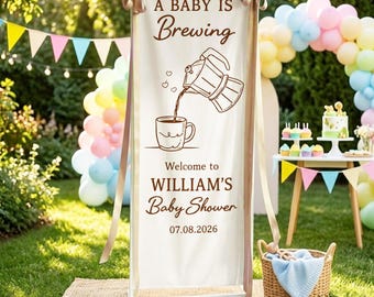 A Baby Is Brewing Banner Coffee Baby Shower Sign Neutral Baby Shower Welcome Sign Custom Name Linen Banner Rustic Baby Shower Decor