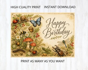 Tarjeta de feliz cumpleaños de 10x7 pulgadas con temática de insectos del bosque.