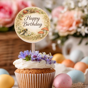 Decorazioni per cupcake a tema insetti del bosco, 12 pezzi per pagina. Decorazioni per feste per bambini a tema insetti della foresta, stile acquerello cottagecore, PDF stampabile.