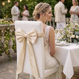 May include: A white chair cover featuring a large, champagne-colored satin bow tied around the backrest. The bow has two long, flowing tails that drape downward, and the band is gathered with elastic to fit securely around the chair back.