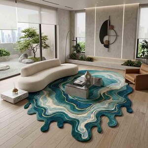 Handmade Irregular Tufted Rug – Abstract Geode Design in Teal & Gold, Organic Shape
