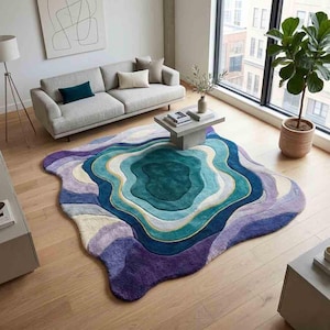 Handmade Irregular Tufted Rug – Abstract Geode Strata Design in Teal, Gold & Purple