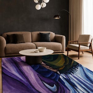 Alfombra de lana de Nueva Zelanda tejida a mano – Diseño moderno abstracto artístico de ondas en tonos morados y azules.