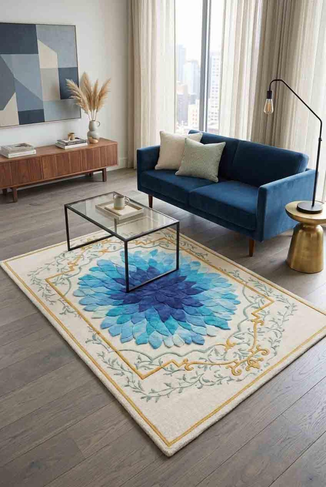 Hand Tufted Wool Area Rug – Ornate Floral Medallion in Blue & Gold ...