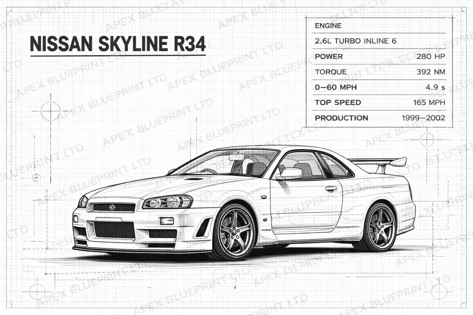 絶版品★スカイラインR34型系車＆GT-R（4WD）車体寸法図集 1998年5月 絶版品☆スカイラインR34型系車＆GT-R（4WD）車体寸法図集 1998年5月