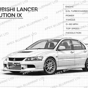 May include: Blueprint of a white Mitsubishi Lancer Evolution IX car. Details include engine specifications: 2.0L turbocharged 4-cylinder, 287 bhp, 392 Nm torque, 0-60 mph in 4.5 seconds, and a top speed of 155 mph. Produced from 2005-2007.