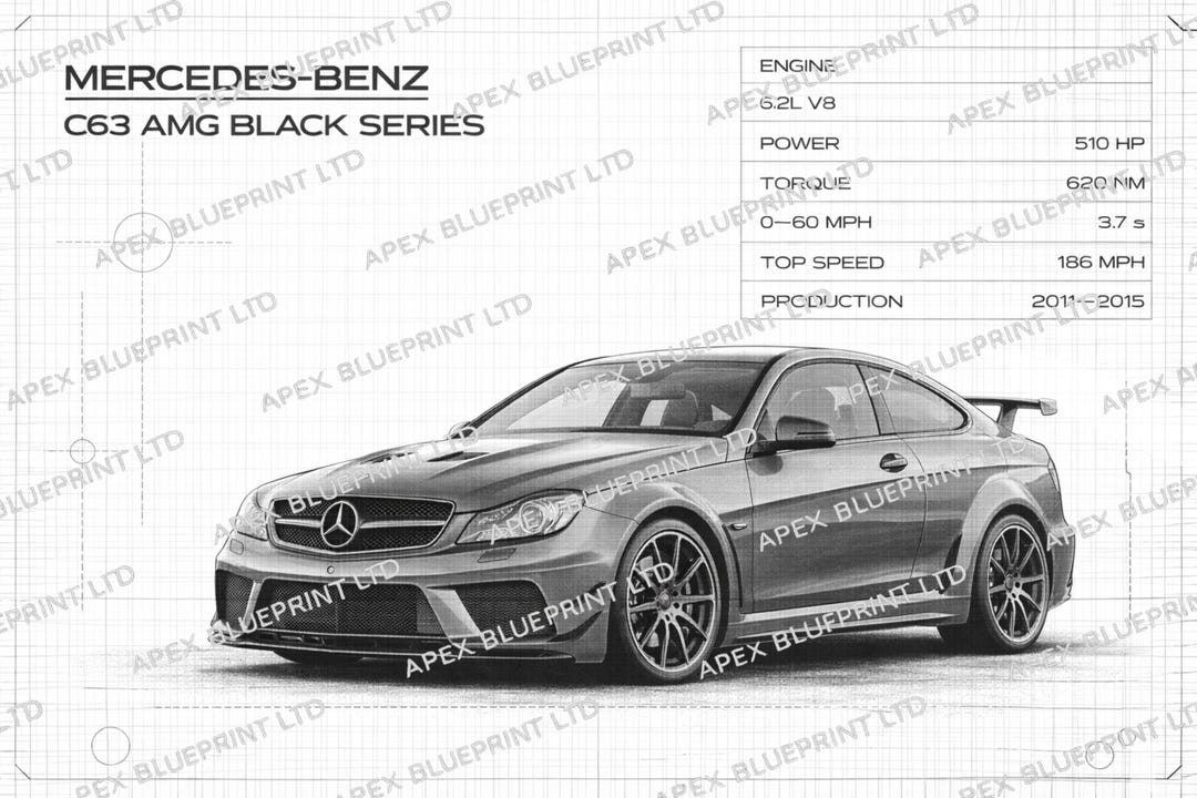 Mercedes-benz C63 Black Series Blueprint Style Poster | Technical Car ...