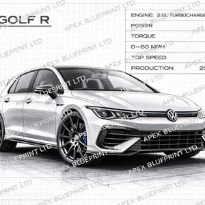 Peut inclure: Illustration d'une voiture VW Golf R blanche avec des roues noires et des détails bleus. L'image comprend des spécifications techniques : 315 ch, couple de 420 Nm, 0-96 km/h en 4,6 s et une vitesse de pointe de 249 km/h. Production depuis 2017.