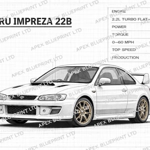 May include: A white Subaru Impreza 22B blueprint illustration. The image includes engine specifications: 2.2L Turbo Flat-4, 280 HP, 363 NM torque, 0-60 MPH in 4.7 seconds, and a top speed of 155 MPH. Production years are 1998-1999.