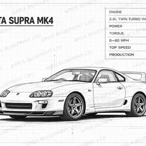 Może przedstawiać: Biała ilustracja w stylu planu technicznego Toyoty Supra MK4. Obraz zawiera specyfikacje techniczne, takie jak typ silnika, moc (280 KM), moment obrotowy (431 Nm) i prędkość maksymalna (265 km/h). Lata produkcji to 1999-2002.