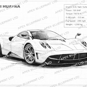 May include: Blueprint illustration of a white Pagani Huayra. The image shows technical details including engine capacity, power, torque, and weight. The car's design is emphasized, showcasing its streamlined shape and aerodynamic elements.