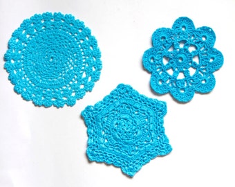 3 light Blue Circle Crochet doilies, turquoise hand dyed vintage round Doilies FREE SHIPPING