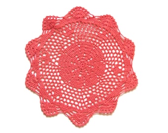 Red Coral Circle Crochet doily, hand dyed vintage round Doily FREE SHIPPING