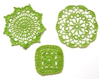3 green Circle Crochet doilies, hand dyed vintage round Doilies FREE SHIPPING