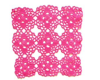 Pink fuchsia square Crochet doily, hand dyed vintage Doily FREE SHIPPING