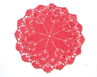 Red Coral Circle Crochet doily, hand dyed vintage round Doily FREE SHIPPING