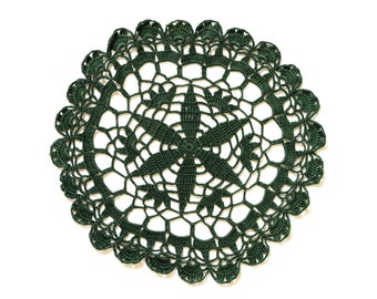 Dark Green Circle Crochet doily, hand dyed vintage round Doily FREE SHIPPING